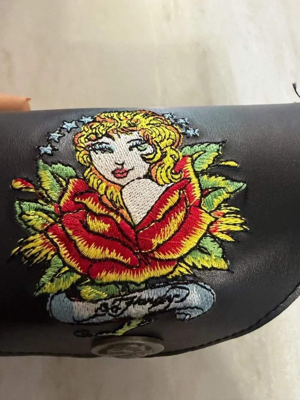 Ed Hardy Vintage Tattoo-Inspired Black Leather Glasses Case  Embroidered Rose &